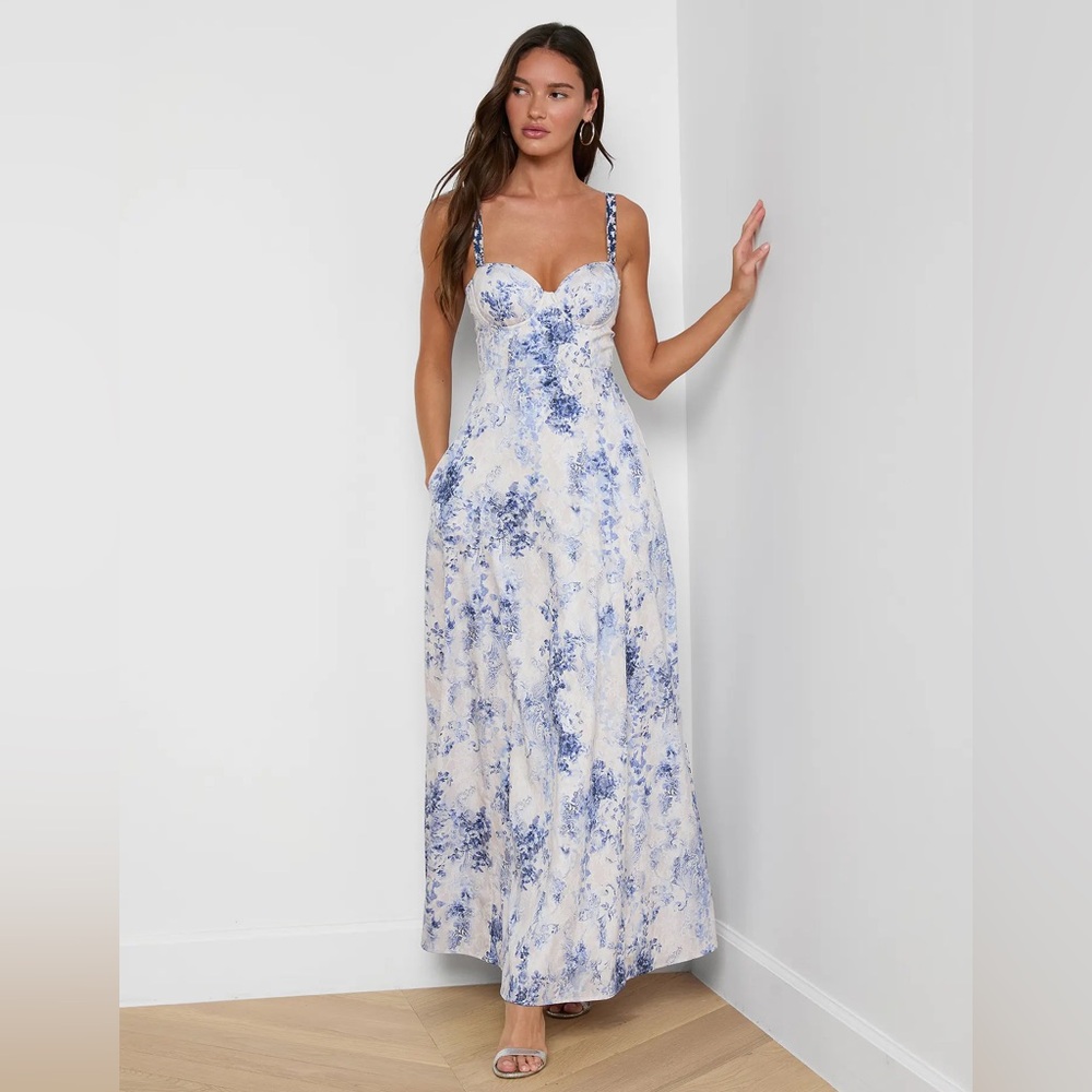 L’AGENCE Sutton Beaded Strap Gown- IVORY/BLUE WATERCOLOR LACE PAISLEY